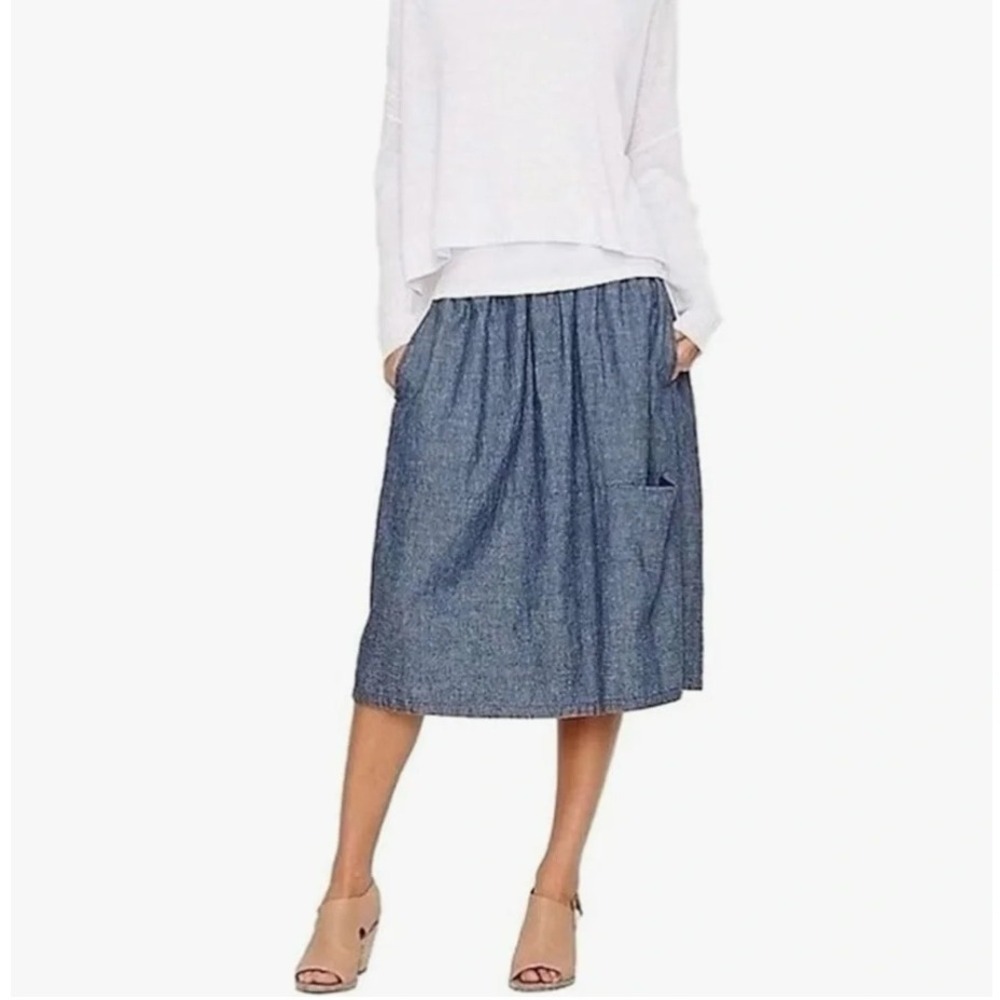 Eileen‎ Fisher Skirt Womens M Blue Hemp Cotton Midi Chambray Denim Coastal Lagen